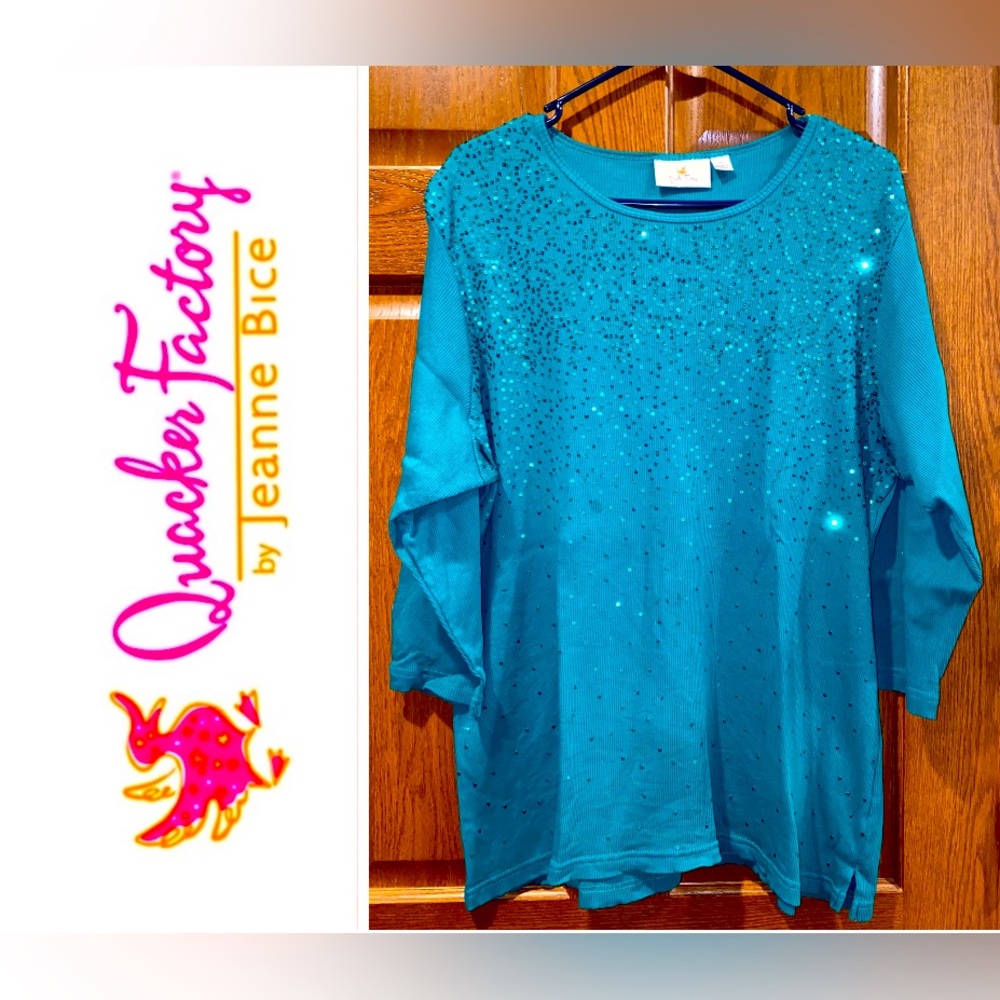 EUC Quacker Factory 1X Emerald Green Mini-Sequin 3/4 Sleeve 1x1 Rib Knit T-Shirt